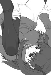 Rule 34 | 00s, 1girl, bottomless, fate/stay night, fate (series), greyscale, long legs, monochrome, pussy, shichimenchou, solo, spread legs, thighhighs, tohsaka rin, tongue, tongue out, turtleneck, uncensored