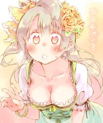 Rule 34 | 10s, 1girl, blush, breasts, brown eyes, cleavage, downblouse, flower, frills, grey hair, hair flower, hair ornament, large breasts, leaning forward, long hair, looking at viewer, love live!, love live! school idol festival, love live! school idol project, minami kotori, nekokun, solo, sweat, sweatdrop, text focus, translation request, upper body