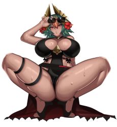 Rule 34 | 1girl, bare legs, black one-piece swimsuit, breasts, cleavage, cleft of venus, commission, dark-skinned female, dark skin, eyewear on head, fire emblem, fire emblem heroes, from below, gold horns, green hair, highres, horns, huge breasts, kevbot, laegjarn (fire emblem), looking at viewer, looking down, multicolored hair, nintendo, official alternate costume, one-piece swimsuit, partially visible vulva, pussy, red eyes, solo, spread legs, squatting, sunglasses, sweat, swimsuit, thick thighs, thighs, white background, wide hips