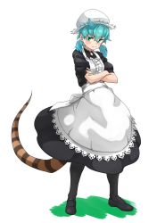 Rule 34 | 1girl, :t, alternate costume, alternate hairstyle, apron, back bow, black footwear, black pantyhose, blue eyes, blue hair, blush, bow, center frills, collar, crossed arms, dress, enmaided, frilled shirt collar, frills, full body, high collar, highres, kemono friends, kemono friends 3, long dress, maid, maid apron, mary janes, pantyhose, pout, puffy short sleeves, puffy sleeves, shoes, short hair, short sleeves, short twintails, snake print, snake tail, solo, tail, tanabe (fueisei), tsuchinoko (kemono friends), twintails, white apron, white dress, white headwear