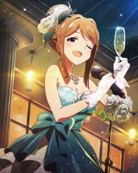 Rule 34 | 10s, 1girl, ;d, alcohol, brown eyes, brown hair, champagne, character name, dress, flower, gloves, hair flower, hair ornament, idolmaster, idolmaster million live!, looking at viewer, microphone, microphone stand, musical note, official art, one eye closed, open mouth, signature, smile, solo, tenkuubashi tomoka, white gloves