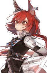 Rule 34 | 1girl, animal ears, arknights, armor, black jacket, brown eyes, diqihaocangku, flametail (arknights), hat, highres, jacket, long hair, long sleeves, red hair, shoulder armor, simple background, smile, solo, squirrel ears, tail, upper body, vambraces, white background