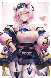 Rule 34 | 1girl, absurdres, animal ears, arknights, bad id, bad pixiv id, binggong asylum, black hairband, black skirt, blue bow, blush, border, bow, braid, breasts, cat ears, closed mouth, coat, collarbone, cowboy shot, garter straps, goldenglow (arknights), hair bow, hairband, hand on own hip, heart, high-waist skirt, highres, infection monitor (arknights), large breasts, lightning bolt symbol, long hair, long sleeves, looking at viewer, miniskirt, multicolored coat, nipples, no bra, off-shoulder shirt, off shoulder, open clothes, open coat, outside border, pink hair, scissors, see-through, shirt, side braid, skirt, solo, striped clothes, striped thighhighs, thigh gap, thighhighs, two-tone coat, vertical-striped clothes, vertical-striped thighhighs, wet, wet clothes, white border, white shirt, white thighhighs, yellow eyes, zettai ryouiki
