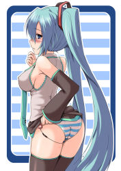 Rule 34 | 1girl, aqua eyes, aqua hair, ass, blush, breasts, covered erect nipples, detached sleeves, hatsune miku, kokorono arika, large breasts, long hair, necktie, panties, pantyshot, pussy juice, remote control vibrator, sex toy, sideboob, skirt, solo, striped clothes, striped panties, thighhighs, twintails, underwear, upskirt, very long hair, vibrator, vibrator under clothes, vibrator under panties, vocaloid