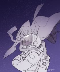 Rule 34 | artist name, astronaut, commentary request, danganronpa (series), danganronpa v3: killing harmony, facing to the side, from side, greyscale, hair between eyes, helmet, hug, jacket, jacket on shoulders, male focus, medium hair, momota kaito, monochrome, nagi to (kennkenn), oma kokichi, pants, parted lips, profile, shooting star, space, space helmet, spiked hair, star (symbol), starry background, sweat, upper body, yaoi