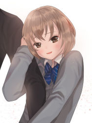 Rule 34 | 1boy, 1girl, arm hug, blush, brown eyes, cardigan, check commentary, commentary, commentary request, highres, holding own arm, light brown hair, looking at viewer, open mouth, original, out of frame, ribbon, ritasato, short hair, simple background, smile, white background