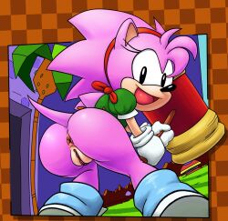 Rule 34 | 1girl, amy rose, anus, ass, ass focus, black eyes, bottomless, colored skin, fat mons, furry, furry female, gloves, hair ribbon, hammer, highres, looking back, toy hammer, pink hair, pink skin, pussy, ribbon, sega, shiny skin, shortstack, smile, sonic (series), sonic (series), soubriquetrouge, spiked hair, tail, thick thighs, thighs