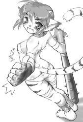 Rule 34 | 1girl, animal ears, bandages, bra, breath of fire, breath of fire ii, cat ears, cat tail, club (weapon), collar, cosplay, dr.p, fang, fingerless gloves, gloves, greyscale, happy, horns, kanabou, lingerie, monochrome, oni, panties, rinpoo chuan, short hair, slit pupils, smile, solo, spiked collar, spikes, tail, underwear, underwear only, weapon