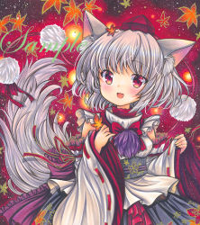Rule 34 | 1girl, :d, animal ear fluff, animal ears, bare shoulders, black skirt, bow, bowtie, breasts, detached sleeves, fang, glowing, grey tail, hat, head tilt, inubashiri momiji, marker (medium), medium hair, open mouth, pom pom (clothes), print skirt, red-eyes macadamiachoco, red background, red bow, red bowtie, red hat, red ribbon, red theme, ribbon, ribbon-trimmed sleeves, ribbon trim, rui (sugar3), sample watermark, shirt, silver hair, skirt, sleeveless, sleeveless shirt, small breasts, smile, solo, tail, tokin hat, touhou, traditional media, watermark, white shirt, wide sleeves, wolf ears, wolf tail