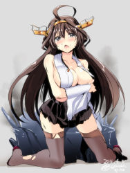 Rule 34 | 10s, 1girl, 2015, ahoge, bare shoulders, black eyes, black skirt, blush, breast hold, breasts, brown hair, brown thighhighs, cleavage, collarbone, crying, crying with eyes open, dated, double bun, full body, gin&#039;ichi (akacia), hair bun, hairband, headgear, japanese clothes, kantai collection, kneeling, kongou (kancolle), large breasts, long hair, looking at viewer, no bra, nontraditional miko, nose blush, open mouth, pleated skirt, signature, skirt, solo, tears, thighhighs, torn clothes, torn thighhighs, twitter username