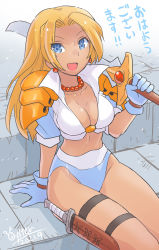 Rule 34 | 1girl, armor, artist name, blonde hair, blue eyes, breasts, cleavage, earrings, gloves, golden axe, golden axe: the duel, high collar, highres, jewelry, knife, large breasts, long hair, midriff, milan flare, navel, necklace, open mouth, oyster (artist), parted bangs, sega, shiny skin, shoulder armor, sitting, skindentation, sleeves rolled up, smile, sword, thigh strap, thighs, weapon