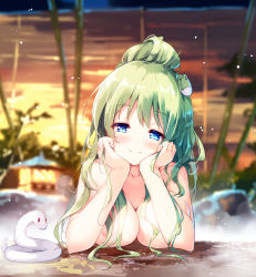 Rule 34 | 1girl, alternate hairstyle, bamboo, blue eyes, blurry, blush, breasts, closed mouth, collarbone, commentary request, convenient arm, convenient censoring, depth of field, elbow rest, frog hair ornament, green hair, hair censor, hair ornament, hair over breasts, hair over one breast, head tilt, kochiya sanae, lantern, large breasts, looking at viewer, miyase mahiro, night, night sky, onsen, sky, smile, snake, solo, touhou, upper body, white snake
