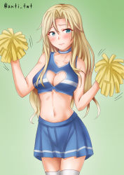 Rule 34 | 1girl, alternate costume, anti (untea9), blonde hair, blue choker, blue shirt, blue skirt, breasts, center opening, cheerleader, choker, collarbone, cowboy shot, crop top, gradient background, green background, green eyes, hair between eyes, highres, holding, holding pom poms, hornet (kancolle), kantai collection, large breasts, long hair, looking at viewer, medium breasts, midriff, miniskirt, navel, pleated skirt, pom pom (cheerleading), pom poms, shirt, skirt, sleeveless, sleeveless shirt, solo, thighhighs, twitter username, white thighhighs