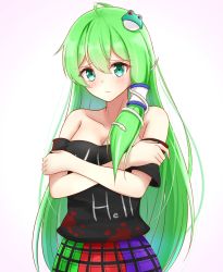 Rule 34 | 1girl, ahoge, bad id, bad twitter id, bare shoulders, black shirt, blush, breasts, cleavage, clothes writing, collarbone, commentary request, cosplay, cowboy shot, crossed arms, frog hair ornament, gradient background, green eyes, green hair, green skirt, hair between eyes, hair ornament, hair tubes, hecatia lapislazuli, hecatia lapislazuli (cosplay), highres, kochiya sanae, long hair, looking at viewer, medium breasts, multicolored clothes, multicolored skirt, musteflott419, off-shoulder shirt, off shoulder, pink background, plaid, plaid skirt, purple skirt, red skirt, shirt, short sleeves, single sidelock, skirt, snake hair ornament, solo, standing, t-shirt, touhou, very long hair, white background