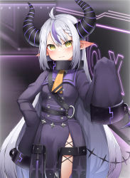 Rule 34 | 1girl, absurdres, ahoge, ascot, black dress, blush, braid, braided bangs, collar, commentary request, cowboy shot, demon horns, dress, hand on own hip, hand up, highres, hololive, horns, la+ darknesss, la+ darknesss (1st costume), long hair, long sleeves, metal collar, multicolored hair, parted lips, pepushi drow, pointy ears, purple hair, silver hair, sleeves past fingers, sleeves past wrists, solo, standing, streaked hair, tail, v-shaped eyebrows, very long hair, virtual youtuber, yellow ascot, yellow eyes