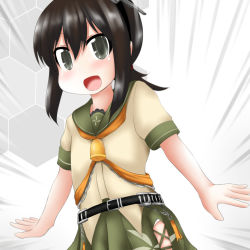 Rule 34 | 1girl, beige serafuku, bell, black eyes, black hair, commentary request, cosplay, cowboy shot, de ruyter (kancolle), de ruyter (kancolle) (cosplay), fubuki (kancolle), green sailor collar, green skirt, grey background, kantai collection, long hair, looking at viewer, low ponytail, neckerchief, orange neckerchief, ouno (nounai disintegration), pleated skirt, ponytail, sailor collar, school uniform, serafuku, short ponytail, sidelocks, skirt, solo, two-tone background, white background