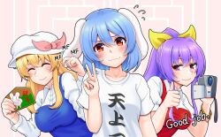 Rule 34 | 3girls, alternate costume, animal ears, blonde hair, blue hair, blush, bow, bracelet, breasts, camcorder, closed eyes, collared shirt, dress, embarrassed, english text, flying sweatdrops, hair bow, hand on another&#039;s ear, highres, jewelry, long hair, long sleeves, looking at viewer, medium breasts, multiple girls, ponytail, puffy short sleeves, puffy sleeves, purple eyes, purple hair, rabbit ears, red dress, red eyes, reisen (touhou bougetsushou), shirt, short sleeves, single strap, small breasts, smile, tatsu toyoyo, thumbs up, touhou, v, video camera, watatsuki no toyohime, watatsuki no yorihime, white shirt, yellow bow