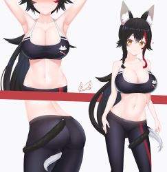 Rule 34 | 1girl, absurdres, animal ears, armpits, arms up, ass, bare shoulders, black hair, blush, braid, breasts, cleavage, collarbone, flipped hair, frenchi yuzuriha, hair between eyes, highres, hololive, large breasts, long hair, looking at viewer, low ponytail, multicolored hair, multiple views, navel, nose blush, ookami mio, red hair, side braid, sidelocks, signature, simple background, smile, sports bra, sportswear, standing, stomach, streaked hair, tail, tail around own leg, tail wrap, very long hair, virtual youtuber, white background, wide ponytail, wolf ears, wolf girl, wolf tail, yellow eyes