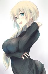 Rule 34 | 10s, 1girl, alternate costume, alternate hairstyle, aqua eyes, atago (kancolle), bespectacled, blonde hair, braid, breast hold, breasts, casual, glasses, kantai collection, large breasts, long hair, looking at viewer, nao (qqqbb), open mouth, ribbed sweater, short hair, single braid, solo, sweater