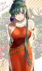 Rule 34 | 1girl, arm ribbon, bare shoulders, belt, breasts, delsaber, dress, earrings, facing viewer, fire emblem, fire emblem: the blazing blade, gift, green eyes, green hair, hair ornament, hair over shoulder, highres, holding, holding gift, jewelry, leaning forward, lips, long hair, looking to the side, lyn (fire emblem), medium breasts, merry christmas, nintendo, red dress, red ribbon, ribbon, side slit, solo, star (symbol), star hair ornament, very long hair