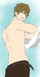 Rule 34 | 10s, 1boy, ato (liar you), bad id, bad pixiv id, blue background, brown hair, free!, green eyes, looking at viewer, maguchi (clum), male focus, topless male, short hair, solo, tachibana makoto, undressing