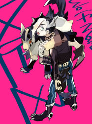 Rule 34 | 1boy, alternate costume, black hair, black nails, boots, choker, commentary request, creatures (company), eyeshadow, fang, game freak, gen 3 pokemon, green eyes, half-closed eyes, hand up, highres, holding, jacket, long hair, long sleeves, looking back, makeup, mightyena, multicolored hair, nail polish, natsuko (summer 525528), nintendo, open mouth, pants, piers (pokemon), pink background, pokemon, pokemon (creature), pokemon swsh, two-tone hair