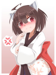Rule 34 | 1girl, ahoge, anger vein, ao (aoblueao), blue skirt, blush, bow, brown background, brown hair, closed mouth, commentary request, gradient background, hair between eyes, head tilt, headgear, japanese clothes, kimono, long sleeves, nose blush, pleated skirt, red bow, red eyes, short kimono, skirt, solo, spoken anger vein, touhoku kiritan, upper body, voiceroid, white background, white kimono, wide sleeves