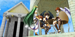 1girl 2boys angel angel_wings black_scarf blue_eyes blue_sky brown_hair chair dark_pit diadem green_hair high_heels highres kid_icarus kid_icarus_uprising laurel_crown long_hair looking_at_another multiple_boys nintendo outdoors palutena pillar pit_(kid_icarus) red_eyes scarf sitting sky smile standing table tosho_(grandguignol39) very_long_hair white_scarf wings