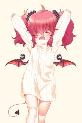 Rule 34 | 1girl, ahoge, arms up, bad id, bad tumblr id, demon girl, demon tail, demon wings, closed eyes, fang, hizuki akira, open mouth, original, red hair, ribbed legwear, ribbed sweater, simple background, solo, sweater, tail, thighhighs, twintails, white thighhighs, wings