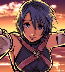 Rule 34 | 1girl, absurdres, aqua (kingdom hearts), beach, blue eyes, blue hair, breasts, chest strap, commentary, elbow gloves, english commentary, gimmie20dollas, gloves, highres, kingdom hearts, kingdom hearts birth by sleep, large breasts, looking at viewer, ocean, sleeveless, smile, solo, sunset