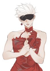 Rule 34 | 1boy, bare shoulders, black blindfold, blindfold, cleavage cutout, clothing cutout, commentary request, crossdressing, dress, earrings, gloves, gojou satoru, highres, jewelry, jujutsu kaisen, lips, male focus, moy64904958, muscular, muscular male, pectorals, red dress, red gloves, short hair, simple background, single earring, single glove, smile, solo, turtleneck, turtleneck dress, upper body, white background, white hair