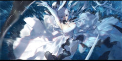 Rule 34 | 1girl, aircraft, arm up, armpits, azur lane, blue eyes, breasts, cleavage, commentary request, dress, elbow gloves, flight deck, floating hair, gloves, highres, illustrious (azur lane), large breasts, letterboxed, long dress, long hair, looking at viewer, mole, mole under eye, motion blur, silver hair, sleeveless, sleeveless dress, solo, strapless, strapless dress, swd3e2, very long hair, white dress, white gloves