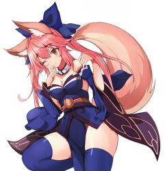 Rule 34 | 1girl, ;3, animal ear fluff, animal ears, bare shoulders, blue kimono, blue ribbon, blue sleeves, blue thighhighs, blush, breasts, cleavage, detached sleeves, fate/extra, fate/grand order, fate (series), foot out of frame, fox ears, fox girl, fox tail, hair ribbon, hands up, japanese clothes, kimono, long hair, looking at viewer, one eye closed, pelvic curtain, pink hair, ribbon, short sleeves, simple background, smile, solo, strapless, strapless kimono, tail, tamamo (fate), tamamo no mae (fate/extra), thighhighs, white background, wide sleeves, xianyu (pixiv9677779)