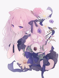 Rule 34 | 1girl, animal ears, bare shoulders, black shirt, blue bow, blush, bow, cat ears, cat girl, cat tail, closed mouth, commentary request, fish hair ornament, flower, gloves, grey background, hair ornament, hands up, long hair, looking at viewer, original, pink hair, purple eyes, purple flower, red flower, red rose, rose, shirt, simple background, solo, suzumori uina, tail, twintails, very long hair, white flower, white gloves
