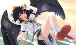 Rule 34 | 1girl, absurdres, bag, belt, bird wings, black belt, black hair, black ribbon, black skirt, blush, breasts, brown bag, camera, feathered wings, feathers, frilled skirt, frills, geta, hat, highres, holding, holding camera, leaf print, open mouth, pointing, pom pom (clothes), potesayolover, puffy short sleeves, puffy sleeves, red eyes, red footwear, red hat, ribbon, shameimaru aya, shirt, short hair, short sleeves, shoulder bag, skirt, small breasts, tengu, tengu-geta, tokin hat, touhou, white legwear, white shirt, wings