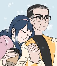 Rule 34 | 1boy, 1girl, black hair, breath, cup, dokimaru, closed eyes, glasses, grey hair, holding, holding cup, holding hands, long hair, multicolored hair, pan jing (the legend of luoxiaohei), short hair, smile, snowflakes, streaked hair, luo xiaohei zhanji, upper body, xia (the legend of luoxiaohei)