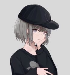 Rule 34 | 1girl, :p, absurdres, amamizu shizuku, black headwear, black sweater, glasses, grey background, grey eyes, grey hair, hand on own cheek, hand on own face, highres, long sleeves, looking at viewer, mole, mole under eye, nail polish, orange nails, original, rimless eyewear, short hair, sideways hat, simple background, smile, solo, sweater, tongue, tongue out, upper body