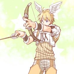 Rule 34 | 1boy, arrow (projectile), blonde hair, blue eyes, bow (weapon), brown shirt, brown shorts, closed mouth, commentary request, cowboy shot, cropped jacket, feathered wings, head wings, holding, holding arrow, holding bow (weapon), holding weapon, hunter (ragnarok online), jacket, looking to the side, male focus, pants, pants under shorts, ragnarok online, sakakura (sariri), shirt, short hair, short sleeves, shorts, solo, weapon, white jacket, white pants, white wings, wings, wristband