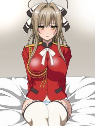 Rule 34 | 10s, 1girl, amagi brilliant park, antenna hair, arms behind back, bed, blush, breasts, brown hair, female focus, hair ribbon, highres, large breasts, legs, long hair, looking at viewer, panties, ribbon, sento isuzu, simple background, sitting, solo, striped clothes, striped panties, thighs, underwear, white legwear, yellow eyes