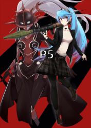 Rule 34 | 10s, 1girl, ariadne, blouse, blue hair, checkered clothes, checkered skirt, highres, labrys (persona), pantyhose, persona, persona 4: the ultimate in mayonaka arena, persona 5, rdc7229, red background, red eyes, rocket launcher, rpg (weapon), school uniform, shirt, skirt, weapon, white shirt