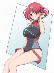 Rule 34 | 1girl, blue eyes, blush, breasts, competition swimsuit, earrings, gem, highres, jewelry, large breasts, looking at viewer, mochimochi (xseynao), nintendo, one-piece swimsuit, pyra (pro swimmer) (xenoblade), pyra (xenoblade), red eyes, red hair, red one-piece swimsuit, red shorts, short hair, shorts, solo, swimsuit, tiara, xenoblade chronicles (series), xenoblade chronicles 2