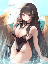 Rule 34 | black hair, black one-piece swimsuit, blue sky, breasts, brown wings, casual one-piece swimsuit, character request, cleavage, cloud, cowboy shot, day, echocalypse, highleg, highleg swimsuit, highres, horizon, komena (shinyday312), large breasts, long hair, ocean, one-piece swimsuit, outdoors, red eyes, sky, swimsuit, water, wings