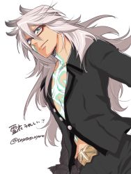 Rule 34 | 1boy, alternate costume, aqua eyes, black shirt, chest tattoo, closed mouth, dutch angle, fate/apocrypha, fate/grand order, fate (series), glasses, long hair, looking at viewer, male focus, partially unbuttoned, shirt, siegfried (fate), siegfried (super cool biz) (fate), smile, tattoo