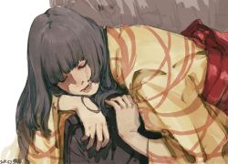 Rule 34 | 1girl, artist request, blunt bangs, closed eyes, commentary request, dated, facing viewer, from side, grey hair, highres, japanese clothes, kimono, long hair, lying, obi, on stomach, open mouth, original, sash, signature, simple background, solo, tears, white background, yellow kimono, yukata