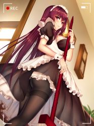 Rule 34 | 1girl, alternate costume, apron, bad id, bad pixiv id, black dress, black pantyhose, blurry, blush, breasts, broom, contemporary, cowboy shot, depth of field, door, dress, enmaided, fate (series), from below, highres, indoors, large breasts, long hair, looking at viewer, maid, maid apron, maid headdress, mallizmora, pantyhose, puffy short sleeves, puffy sleeves, purple hair, red eyes, scathach (fate), short sleeves, solo, symbol-only commentary, thighband pantyhose, very long hair, viewfinder, waist apron, window, wrist cuffs