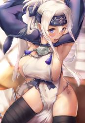 Rule 34 | 10s, 1girl, armadillo-tokage, armpits, arms behind back, arms up, backlighting, bad id, bad twitter id, black thighhighs, blue eyes, blush, breasts, clothes between thighs, covered navel, folded ponytail, from above, hair between eyes, headband, highres, indoors, kamoi (kancolle), kantai collection, large breasts, long hair, looking at viewer, on table, open mouth, panties, pelvic curtain, raised eyebrows, round teeth, sash, side-tie panties, side slit, sideboob, sidelocks, sitting, solo, string panties, sunlight, sweat, tabard, table, tareme, tassel, teeth, thighhighs, underbust, underwear, white hair