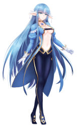 Rule 34 | 1girl, aqua eyes, barbariank, blunt bangs, breasts, center opening, character request, chest jewel, commentary, earrings, english commentary, full body, gem, gloves, half-closed eyes, high heels, jewelry, juliet sleeves, light smile, long hair, long sleeves, looking at viewer, medium breasts, nukenai seiken-chan, pointy ears, puffy sleeves, simple background, solo, standing, stomach, very long hair, white background, white gloves