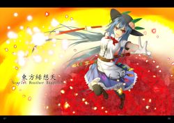 Rule 34 | 1girl, bad id, bad pixiv id, black thighhighs, blue hair, food, fruit, gloves, gmot, hat, hinanawi tenshi, letterboxed, long hair, looking at viewer, magic circle, open mouth, peach, puffy short sleeves, puffy sleeves, red eyes, shirt, short sleeves, skirt, solo, sword of hisou, thighhighs, touhou, very long hair, white gloves, zettai ryouiki