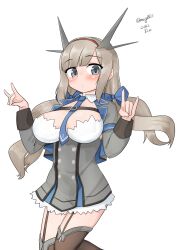 Rule 34 | 1girl, absurdres, between breasts, blue necktie, breasts, cowboy shot, double fox shadow puppet, dress, fox shadow puppet, garter straps, grey dress, grey eyes, grey jacket, grey thighhighs, headgear, highres, jacket, kantai collection, large breasts, light brown hair, maru (marg0613), maryland (kancolle), necktie, necktie between breasts, one-hour drawing challenge, simple background, solo, thighhighs, white background