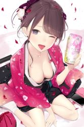 Rule 34 | 1girl, ama mitsuki, blush, breasts, brown hair, can, cherry blossoms, cleavage, collarbone, commentary request, floral print, flower, hair flower, hair ornament, holding, holding can, japanese clothes, kimono, looking at viewer, medium breasts, one eye closed, open mouth, original, petals, sitting, smile, socks, solo, tongue, tongue out, white socks, wide sleeves